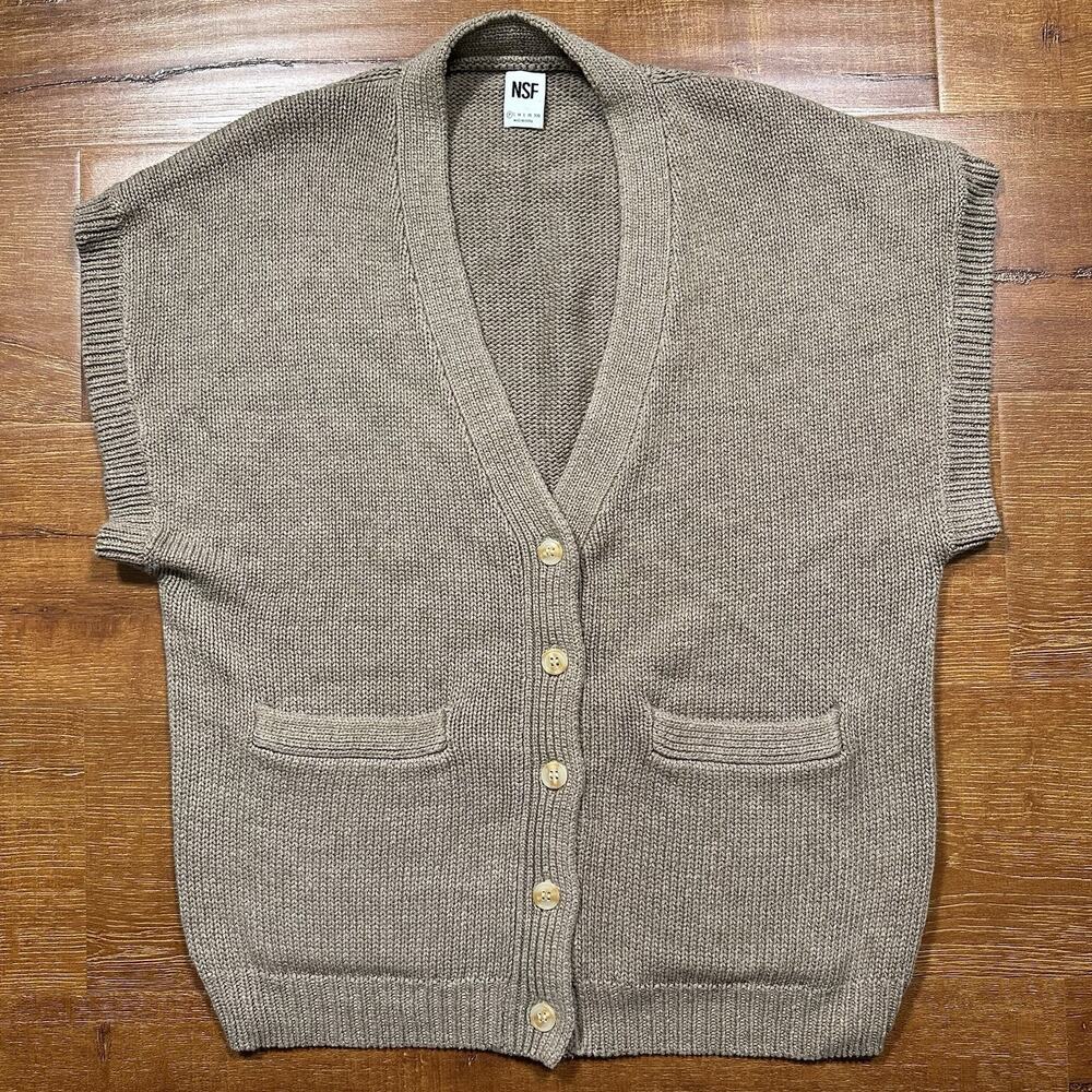 NSF Cardigan Sweater Vest Womens S Brown Oversized Sleeveless Pockets Relaxed